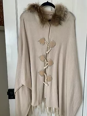 Buy Beige Cape With Brown And Fawn Faux Fur Trim Hood - Size XL 16-18 • 6£