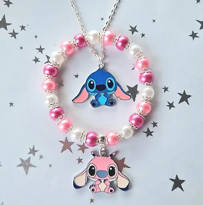 Buy 🩷new Disney Angel Pink Glass Bead Charm Bracelet & Stitch Necklace In Gift Bag  • 6.49£