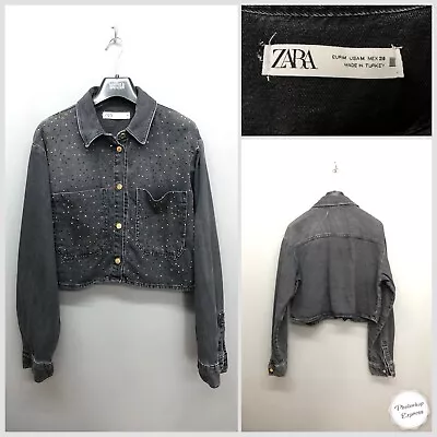 Buy ZARA Women's Grey Cropped Beaded Denim Jacket Medium Cotton • 14.95£