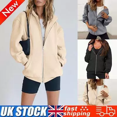 Buy Ladies Oversized Hoodies Solid Color Sweatshirts With Pocket Zip Up Daily Outfit • 11.49£