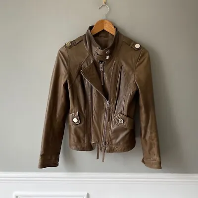 Buy Womens Leather Coat Jacket Double Zip Up UK 8 Small Brown Biker Bomber Silver • 27.99£
