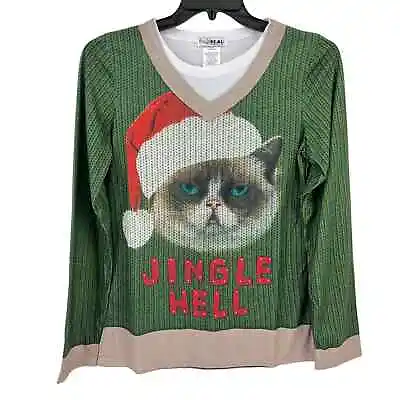 Buy Faux Real Jingle Hell Grumpy Cat Photo Ugly Christmas Print Shirt Womens Sz L • 23.75£