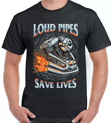 Buy Biker T-Shirt Loud Pipes Saves Lives Mens Motorcycle Motorbike Custom Chopper • 5.99£