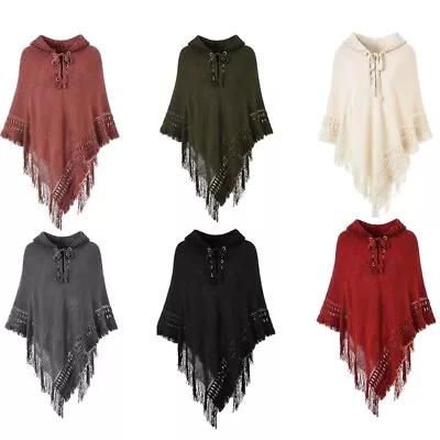 Buy Women Winter Hoodies Shawl Wrap Knit Fringe Lace-Up Oversized Poncho Cape • 18.01£