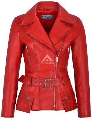 Buy 'FEMININE' Ladies Leather Jacket Red Belted Chic Rock Real Leather Jacket 2812 • 103.78£