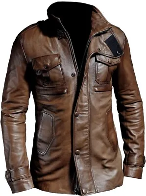 Buy Antique Brown Wax Men's Real Leather Jacket Slim Fit Hip Length Multi Pockets • 109.99£