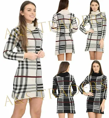 Buy New Ladies Polo Neck Tartan Knitted Midi Women Long Sleeve Bodycon Jumper Dress • 13.98£
