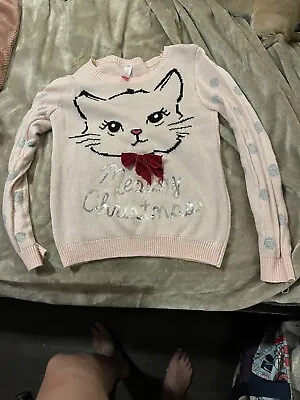 Buy CHRISTMAS Sweater Pink Silver Meowy Christmas Cat With Bow Juniors 11-13 • 6.86£