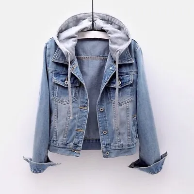 Buy Women Ladies Denim Jacket Coat Hooded Top Hoodies Jeans Casual Long Sleeve Blue • 29.32£