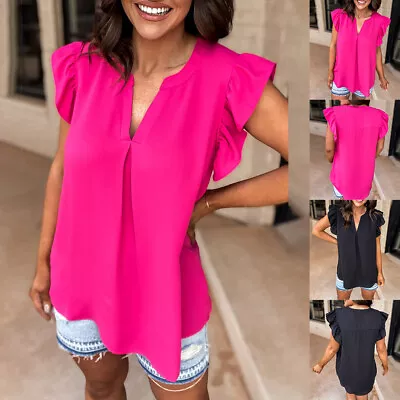 Buy HOT⭐Womens V-Neck Short Sleeve Ruffled T Shirt Ladies Casual Loose Tops Blouses • 11.19£