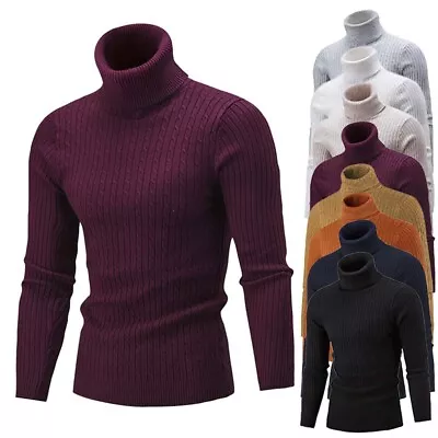 Buy Mens Turtle Neck Cable Knitted Roll Up Jumper Polo Sweater Pullover Warm Tops UK • 14.49£
