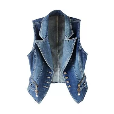 Buy Women Denim Waistcoat Gilet Vest Jeans Fade Fitted Lapel Sleeveless Jacket Tops • 21.19£