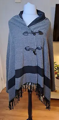 Buy Grey Black Toggle Button Wrap Jacket Coat Cape Poncho Cosy Warm Winter One Size • 20£