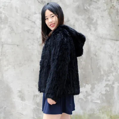 Buy Knitted Black Rabbit Fur Hoody Coat, Real Fur Jacket • 206.48£