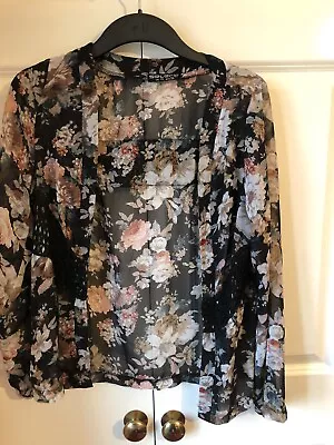 Buy Black Floral Jacket Size 10  Select Cotton Lightweight Open Jacket Long  Sleeves • 7£