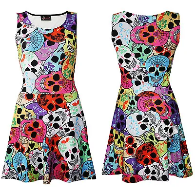 Buy Ladies Cute Gothic Multi Sugar Candy Skulls Web Sleeveless Skater Flared Dress • 25.99£