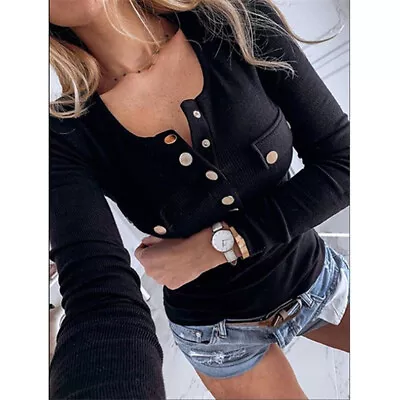 Buy Women Ribbed Slim Button Office Tops T-Shirt Ladies Long Sleeve Pullover Blouse • 10.99£