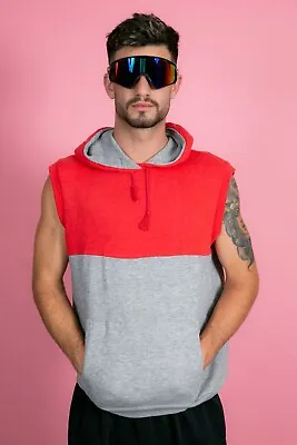 Buy 80s Vintage Grey & Red Sleeveless Hoodie Sweatshirt Stallion By Healthknit • 18£