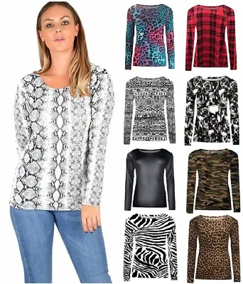 Buy Womens Long Sleeve Stretchy T-Shirt Round Neck Printed Casual Ladies Top (8-22) • 7.95£