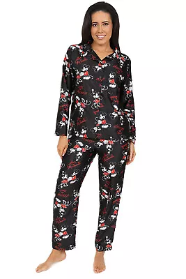 Buy Women's Disney Mickey And Minnie Mouse Long Black Satin Silk Pyjama Set • 23.99£