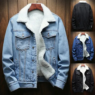 Buy Mens Fleece Turn-down Collar Regular Long Sleeve Denim Button Winter Coats • 19.55£