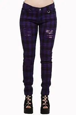 Buy Purple Tartan Check Skinny Slashed Ripped Emo Rockabilly Trouser BANNED Apparel • 34.99£