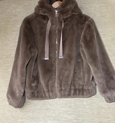 Buy Zara Jacket Women's Size  S UK 12 Brown Teddy Cropped Zip Up Hooded Soft • 18.99£