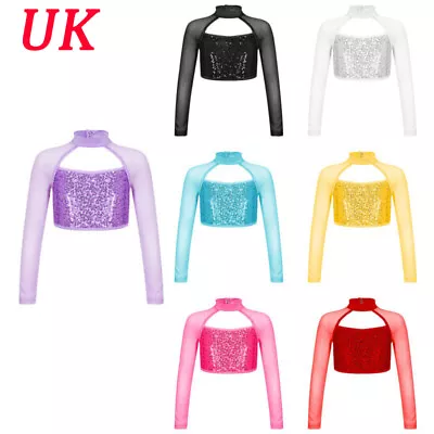 Buy UK Girls Shiny Sequins Crop Tops Mesh Long Sleeve T-Shirts Jazz Dance Costumes • 10.07£