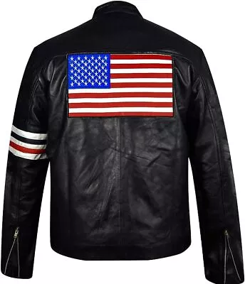 Buy Peter Fonda Easy Rider Black Biker Leather Jacket With US FLAG • 66.30£
