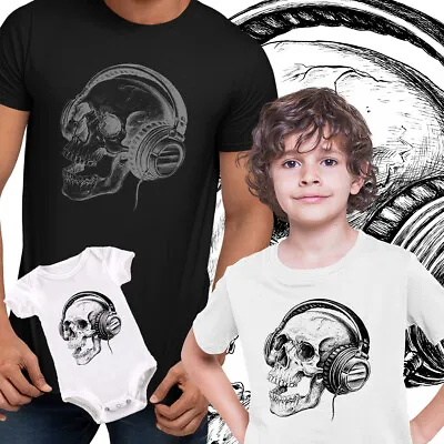 Buy Skull Headphones DTG Printed Mens Kids T Shirt S-3XL Band Skeleton Music Retro  • 14.99£