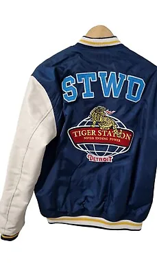 Buy Mens Pull & Bear Stwd M Medium Faux Leather Varsity Jacket Navy Blue White Tiger • 29.99£