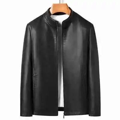 Buy Autumn Spring Men Stand Collar Jacket Leather Plus Velvet Fashion Outwear Coat • 137.72£