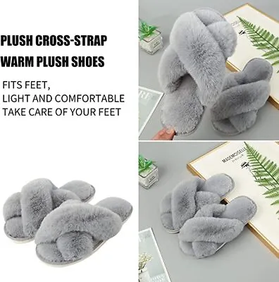 Buy Ladies Womens Slippers Fluffy Furry Cross Over Open Toe Warm Winter Mules Slider • 6.39£