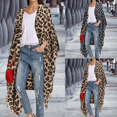 Buy Ladies Womens Leopard Print Loose Kimono Cardigan Batwing Tops Long Coat UK  • 9.22£