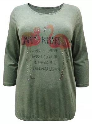 Buy Top T-shirt Pure Cotton Embellished 3/4 Sleeve Top Plus Sizes KHAKI • 8.99£