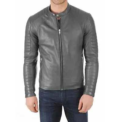 Buy Men's Real Lambskin Gray Leather Jacket Fashion Slim Fit Motorcycle Biker Jacket • 120£