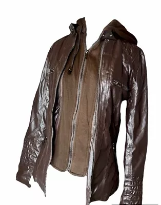 Buy Unisex Brown Leather Jacket Double Layer Hooded Full Zip • 19.99£