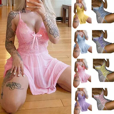 Buy UK Womens Sexy Lace Lingerie Nightdress See-through Sleepwear  G-String Babydoll • 1.99£