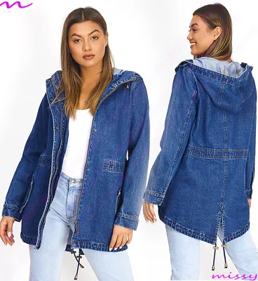 Buy NEW Womens WASHED DENIM PARKA Coat Jacket HOODED Ladies Jean Blues Size 8-16 • 29.99£