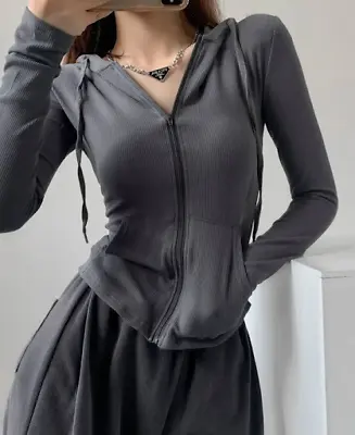 Buy Y2k Gothic Streetwear Zip Up Oversized Cardigan Women Vintage Sexy Solid Hooded • 23.62£