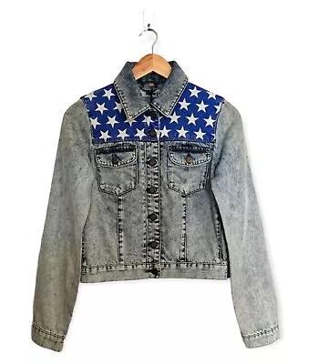 Buy Topshop Moto Blue Acid Wash Denim American Flag Collared Jacket Size 10 • 22£