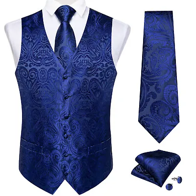 Buy Formal Casual Mens Waistcoat Navy Blue Floral Silk Vest Tie Set Jacket Suit Tops • 22.99£