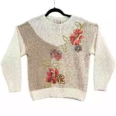 Buy VTG Needles & Yarn Grandmacore Sweater Women M Cream Floral Appliqué Nerdy Bead • 23.62£
