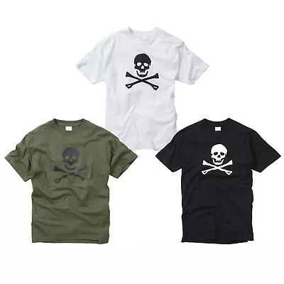 Buy Skull And Crossbones T Shirt Printed Short Sleeve Cotton Black Olive White Top • 9.49£