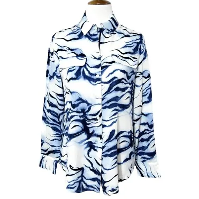 Buy Chico’s Blue White Zebra Watercolor Print Buttondown Shirt Small • 25.38£