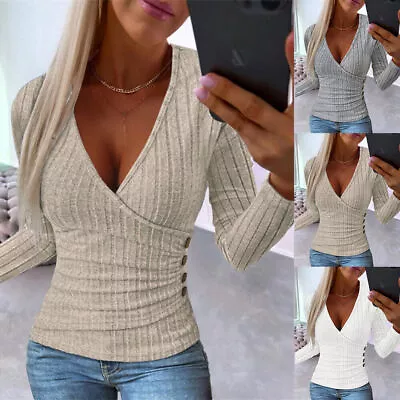 Buy Women Ribbed V Neck Wrap Tops Ladies Slim Long Sleeve Pullover Jumper T-Shirt • 3.09£