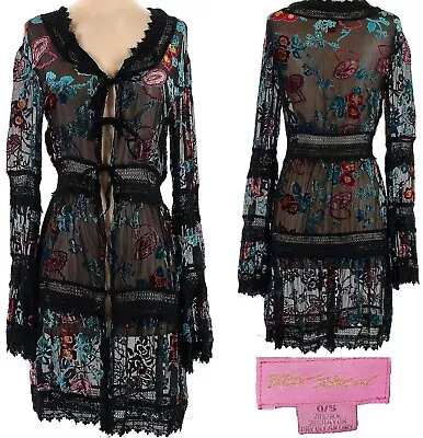 Buy Betsey Johnson Dress Vintage Y2K Sheer Black Floral Burnout Velvet Silk Crochet • 288.21£