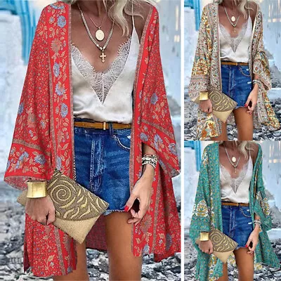 Buy Womens Summer Floral Coat Casual Loose Beach Cover Up Kimono Sleeve Cardigan • 8.12£