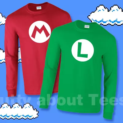 Buy Mario And Luigi Long Sleeved T-Shirt Retro Unisex Adults Top Ideal Fancy Dress   • 14.99£