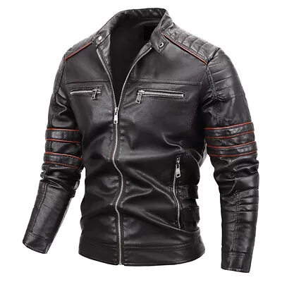 Buy Stylish Men's PU Leather Zip Coat: Motorcycle Biker Stand Collar Jacket - Casual • 36£